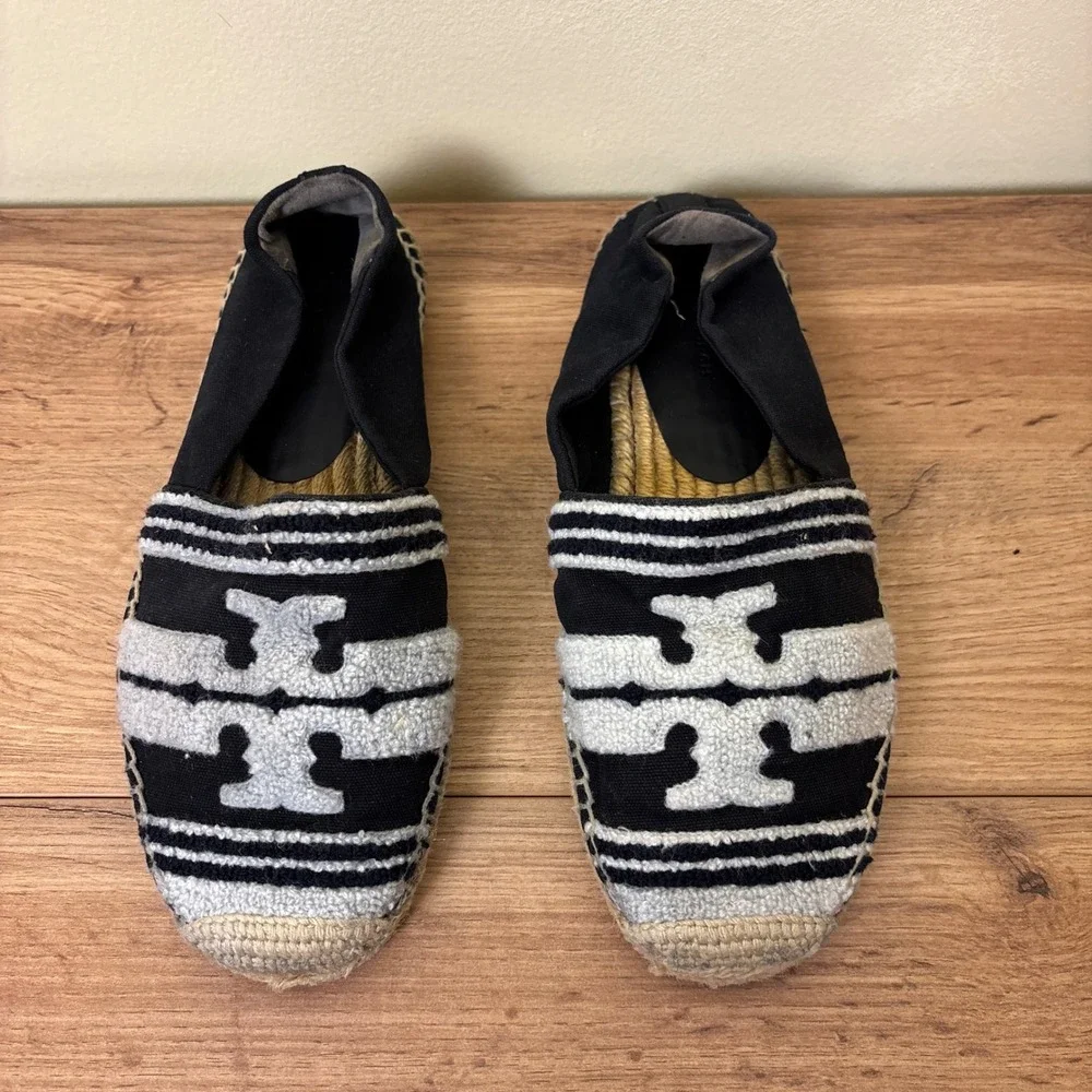 TORY BURCH Womens Double T Espadrille Flats Size 8.5 Black‎ White Stripe Casual